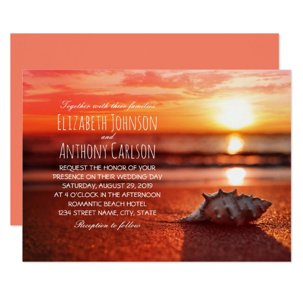 256975097077195431 Ocean Seashell Sunset Beach Themed Wedding Invitation