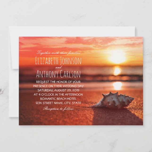 Ocean Seashell Sunset Beach Themed Wedding Invitation (Front)