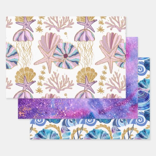 Ocean Seashells Starfish Blue Purple Gold Pink Wrapping Paper Sheets