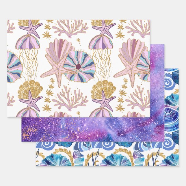 Ocean Seashells Starfish Blue Purple Gold Pink Wrapping Paper Sheets (Set)