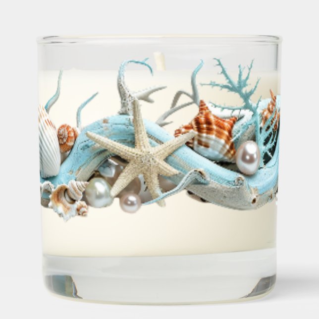 Ocean Seashells Turquoise Driftwood Pearls  Scented Candle (Right)
