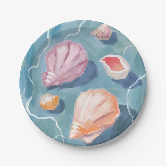 Ocean Seashells Watercolor Coastal Beach Sea Paper Plates (Front)