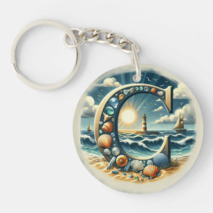 Ocean Seashore Lighthouse Sailboat Monogram C Keychain