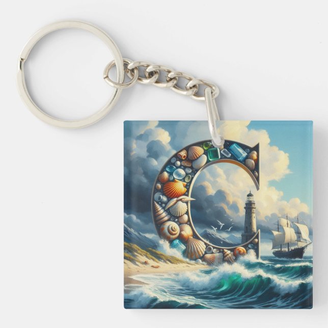 Ocean Seashore Lighthouse Sailboat Monogram C Keychain (Front)