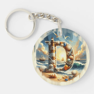 Ocean Seashore Lighthouse Sailboat Monogram D Keychain