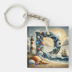 Ocean Seashore Lighthouse Sailboat Monogram D Keychain