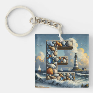 Ocean Seashore Lighthouse Sailboat Monogram E Keychain