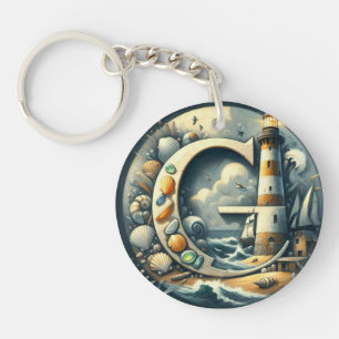 Ocean Seashore Lighthouse Sailboat Monogram G Keychain