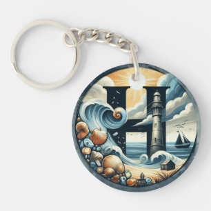Ocean Seashore Lighthouse Sailboat Monogram H Keychain