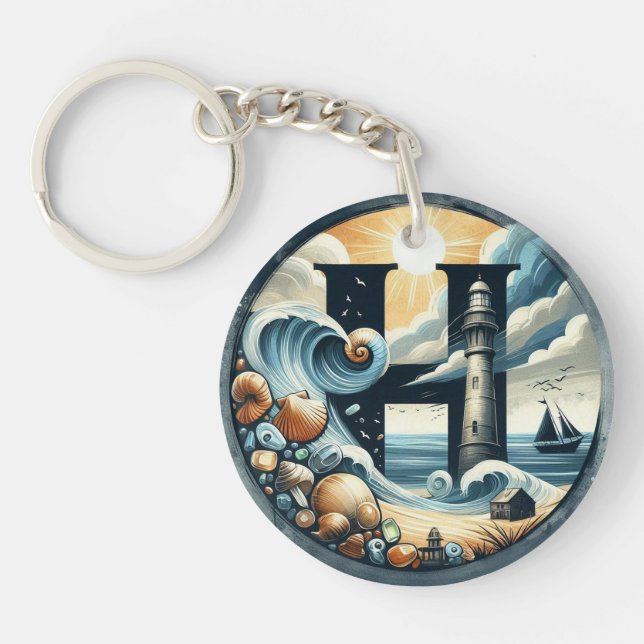 Ocean Seashore Lighthouse Sailboat Monogram H Keychain (Front)