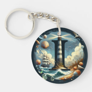 Ocean Seashore Lighthouse Sailboat Monogram I Keychain
