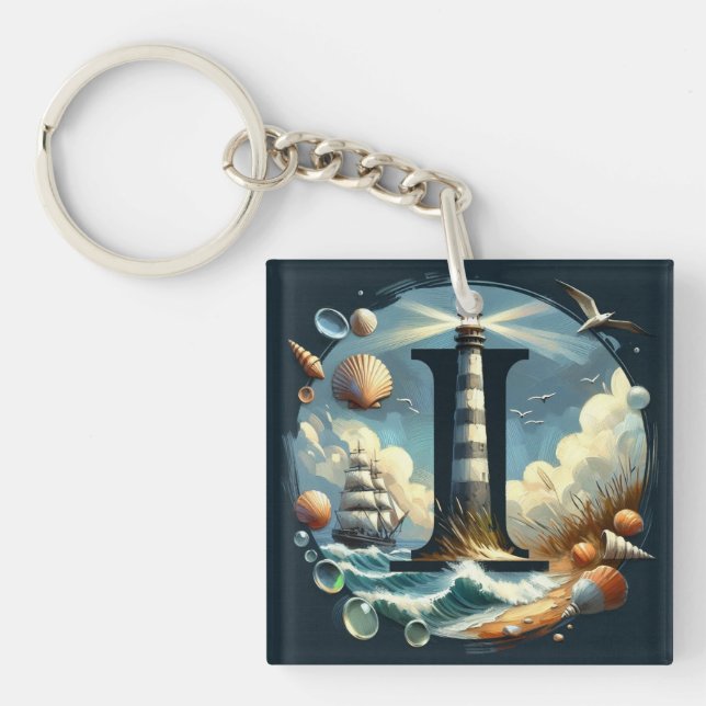 Ocean Seashore Lighthouse Sailboat Monogram I Keychain (Front)