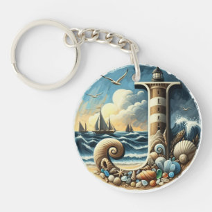 Ocean Seashore Lighthouse Sailboat Monogram J Keychain