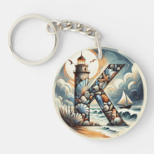 Ocean Seashore Lighthouse Sailboat Monogram K Keychain