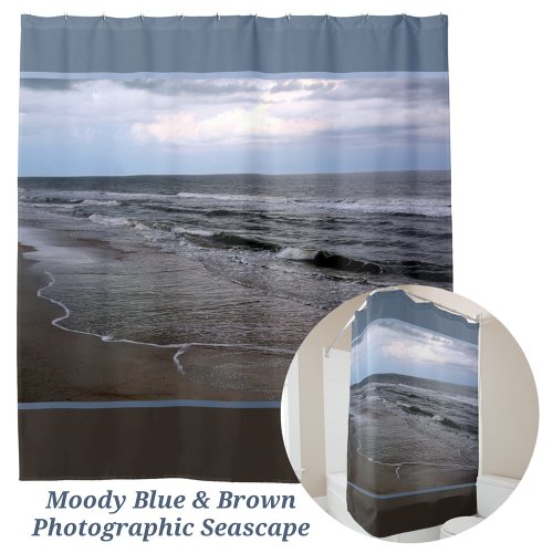 Ocean Seashore Photographic Blue and Brown Shower Curtain
