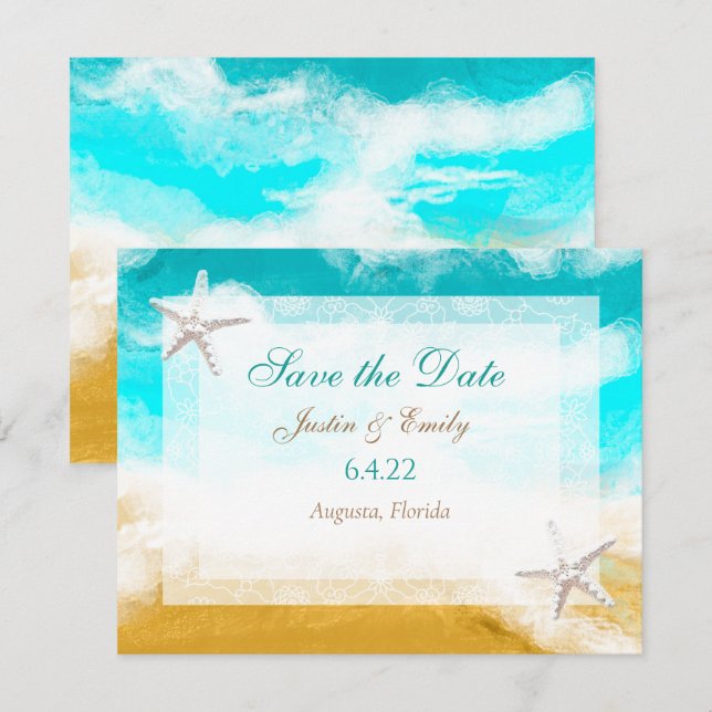 Ocean Seaside Turquoise Waves Save the Date Invitation (Front/Back)