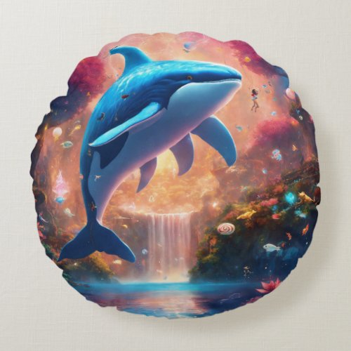 Ocean Serenity Family of Whales Gliding at Sunset Round Pillow