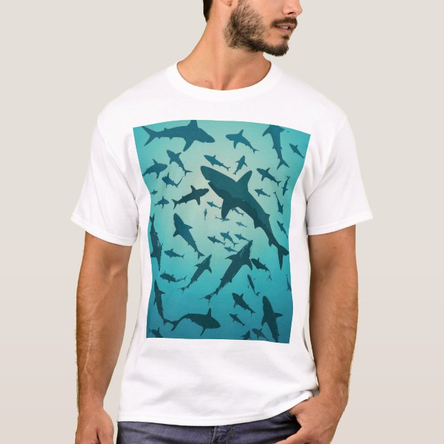 Ocean Shark Silhouettes Blue Background T-Shirt (Front)