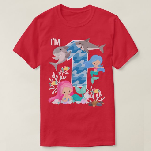 Ocean Sharks and Mermaids 1st Birthday 1 Year Old  T-Shirt (Design Front)