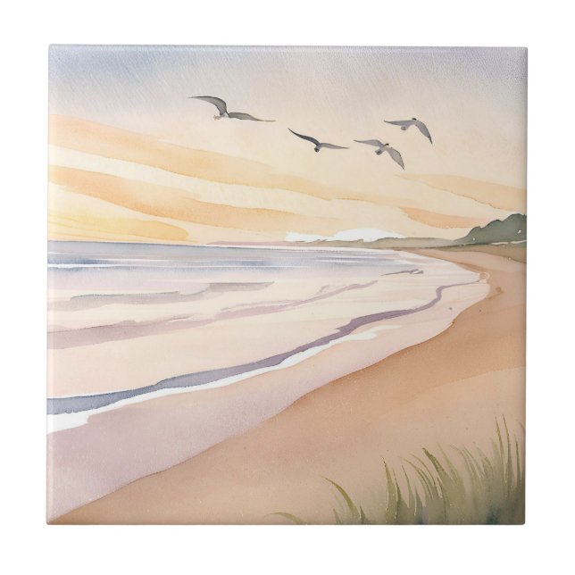 Ocean Shore | Bright Airy Watercolor Painting Ceramic Tile (Front)
