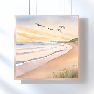 Ocean Shore Bright Airy Watercolor Painting Poster