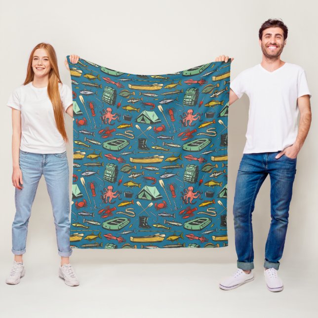 Ocean Shore Rubber Dinghy Fishing Pattern Fleece Blanket (In Situ)