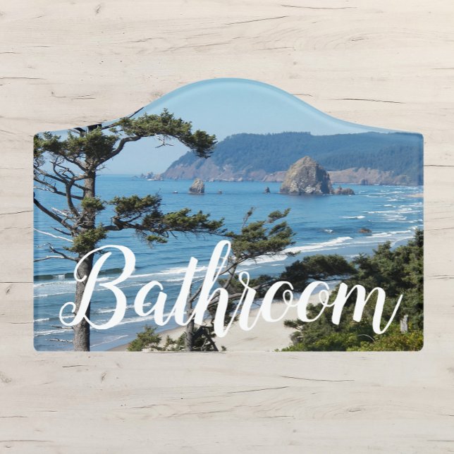 Ocean Shoreline Beach Seascape Bathroom Door Sign (In Situ)