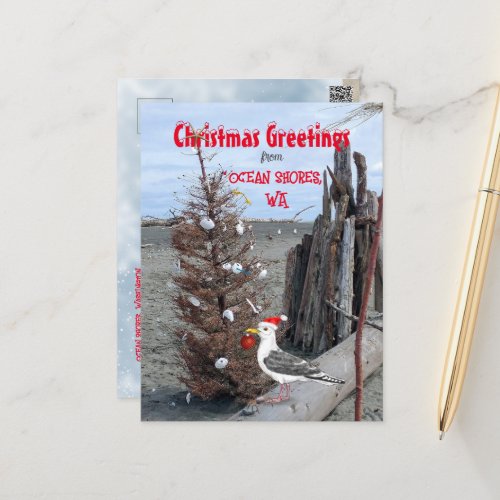 Ocean Shores WA Christmas Seagull Beach Driftwood  Holiday Postcard