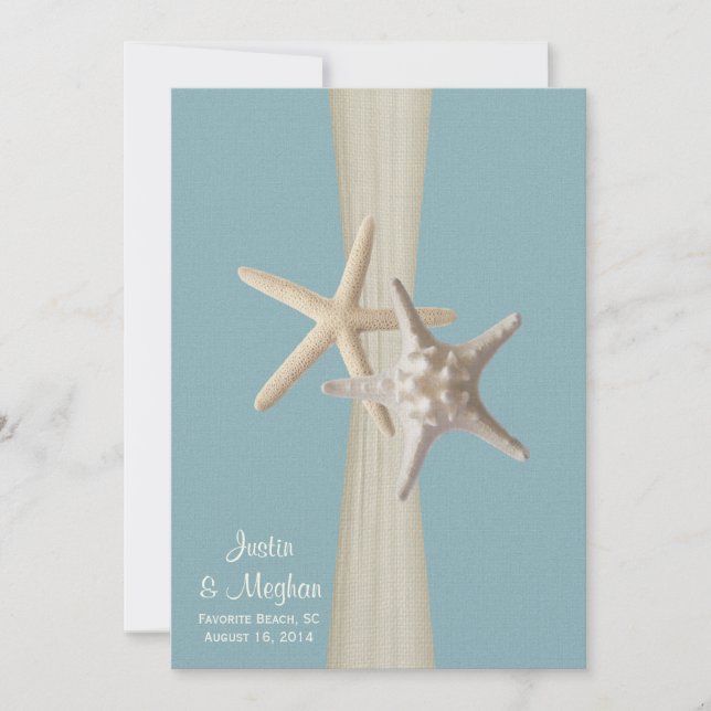 Ocean Sky Blue Burlap and Starfish Beach Wedding Invitation (Front)
