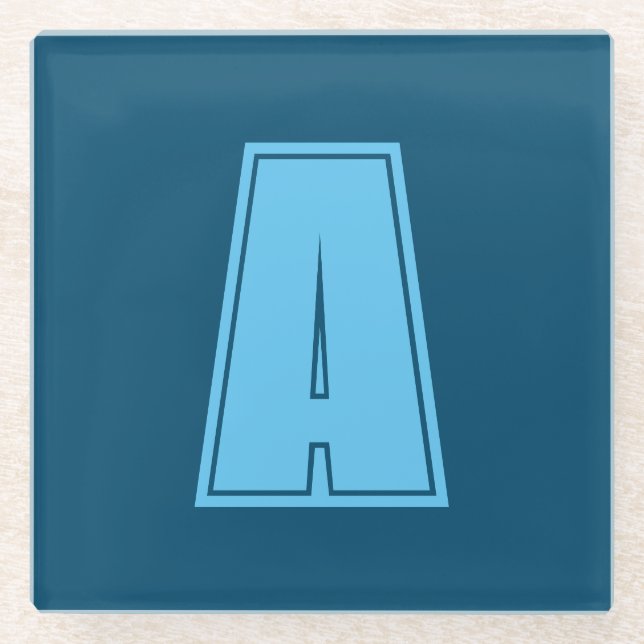 Ocean & Sky Blue Initial Monogram Calligraphy Chic Glass Coaster (Front)