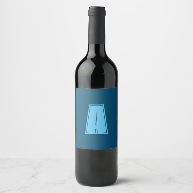 Ocean & Sky Blue Initial Monogram Calligraphy Chic Wine Label (Front)