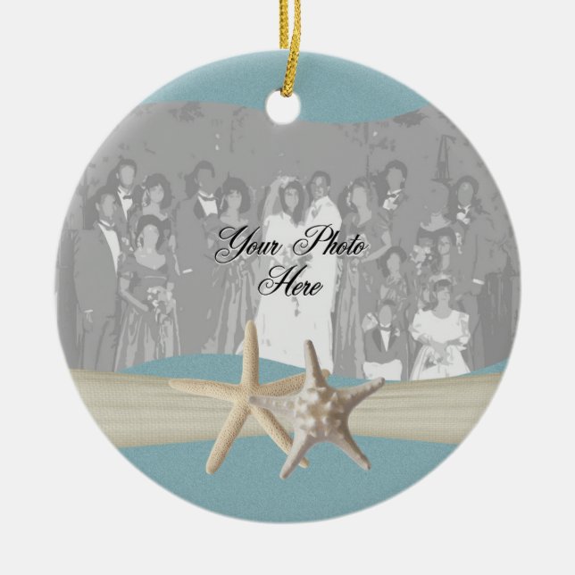 Ocean Sky Blue Starfish Photo Ceramic Ornament (Front)
