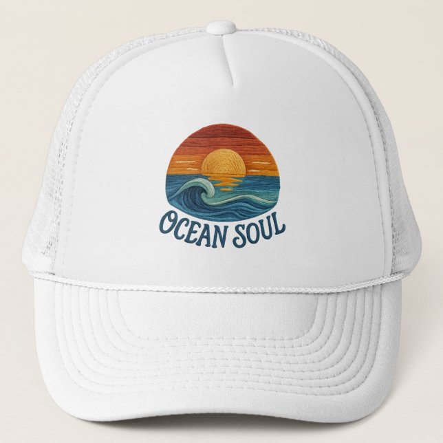 Ocean Soul, Sunset Wave Embroidered  Trucker Hat (Front)