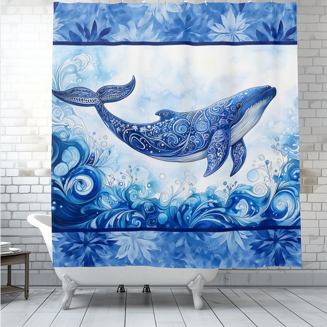 Ocean Spirit Blue Frost Shower Curtain (Ocean Spirit Blue Frost shower curtain featuring a blue whale illustration.  Wildlife, nature)