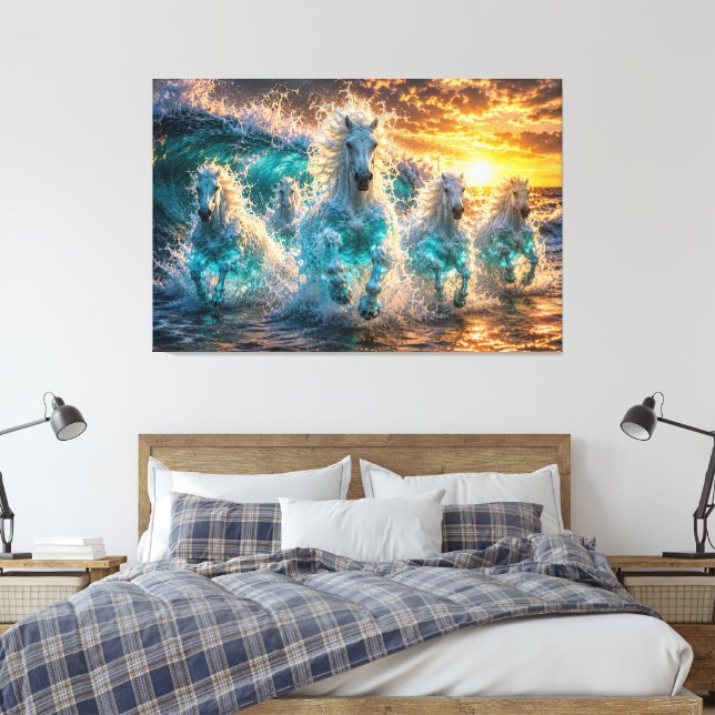 Ocean Spirit Horses Fantasy Sunset Canvas Print (Insitu(Bedroom))