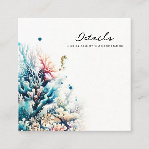 Ocean Splash Coral Watercolor Wedding Details  Square Business Card