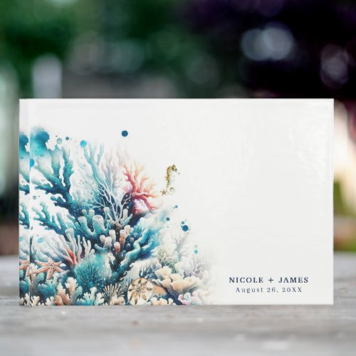 Ocean Splash Sea Coral Watercolor Beach Wedding  Guest Book