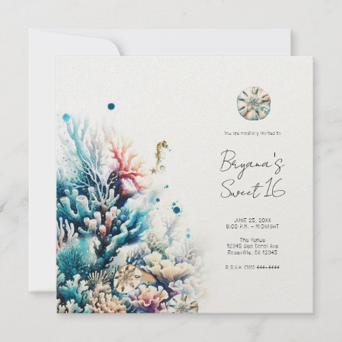 Ocean Splash Sea Coral Watercolor Sweet 16 Invitation