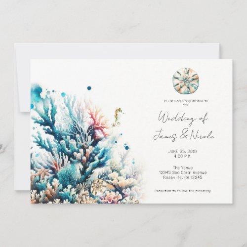 Ocean Splash Sea Coral Watercolor Wedding Invitation