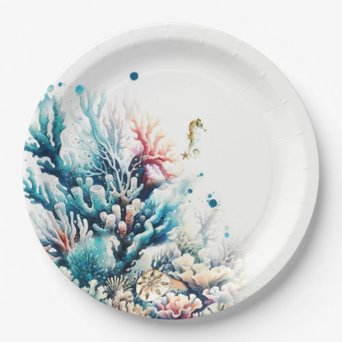 Ocean Splash Sea Coral Watercolor Wedding Paper Plates