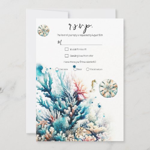 Ocean Splash Sea Coral Watercolor Wedding RSVP Invitation