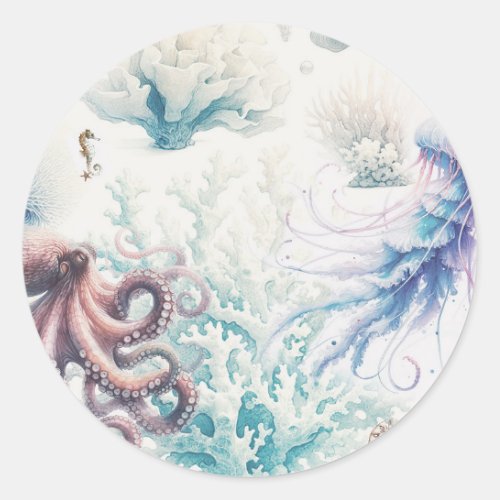Ocean Splash Sea Watercolor Reef Wedding Classic Round Sticker