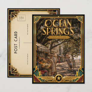 Ocean Springs Mississippi Vintage Art Deco Golden  Postcard