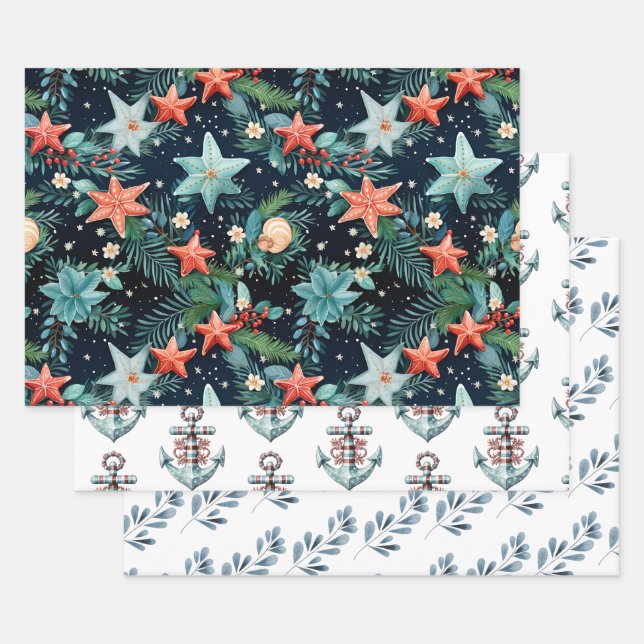 Ocean Starfish Christmas Pattern Wrapping Paper Sheets (Set)