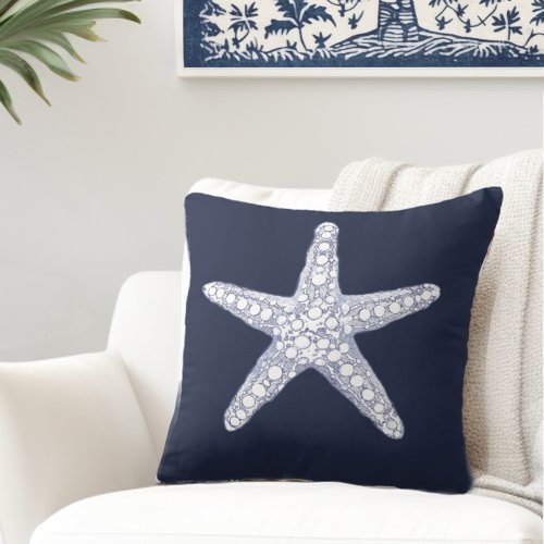 Ocean Starfish Navy Blue White Throw Pillow