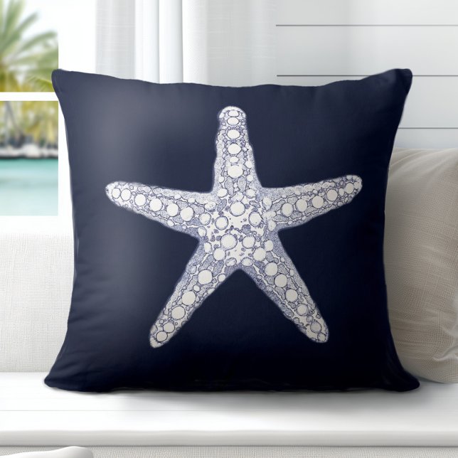 Ocean Starfish Navy Blue White Throw Pillow (Elevate Your Décor: Discover our Elegant Coastal Throw Pillows in Blue & White)