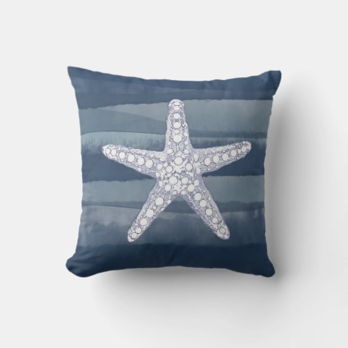 Ocean Starfish Navy Blue White Throw Pillow
