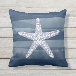 Ocean Starfish Navy Blue White Throw Pillow