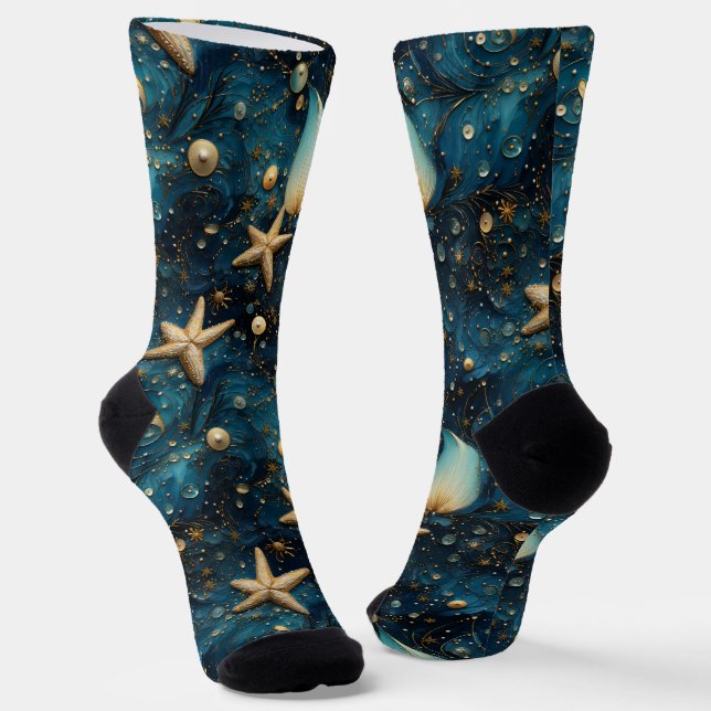 Ocean Starfish Pattern Crew Socks (Angled)