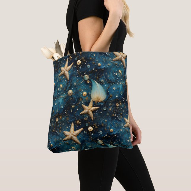 Ocean Starfish Pattern Shoulder Tote Bag (Close Up)
